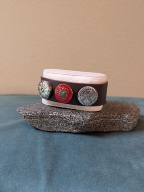 Brown Leather Snap Bracelet with Red Heart Button and Silver Accents